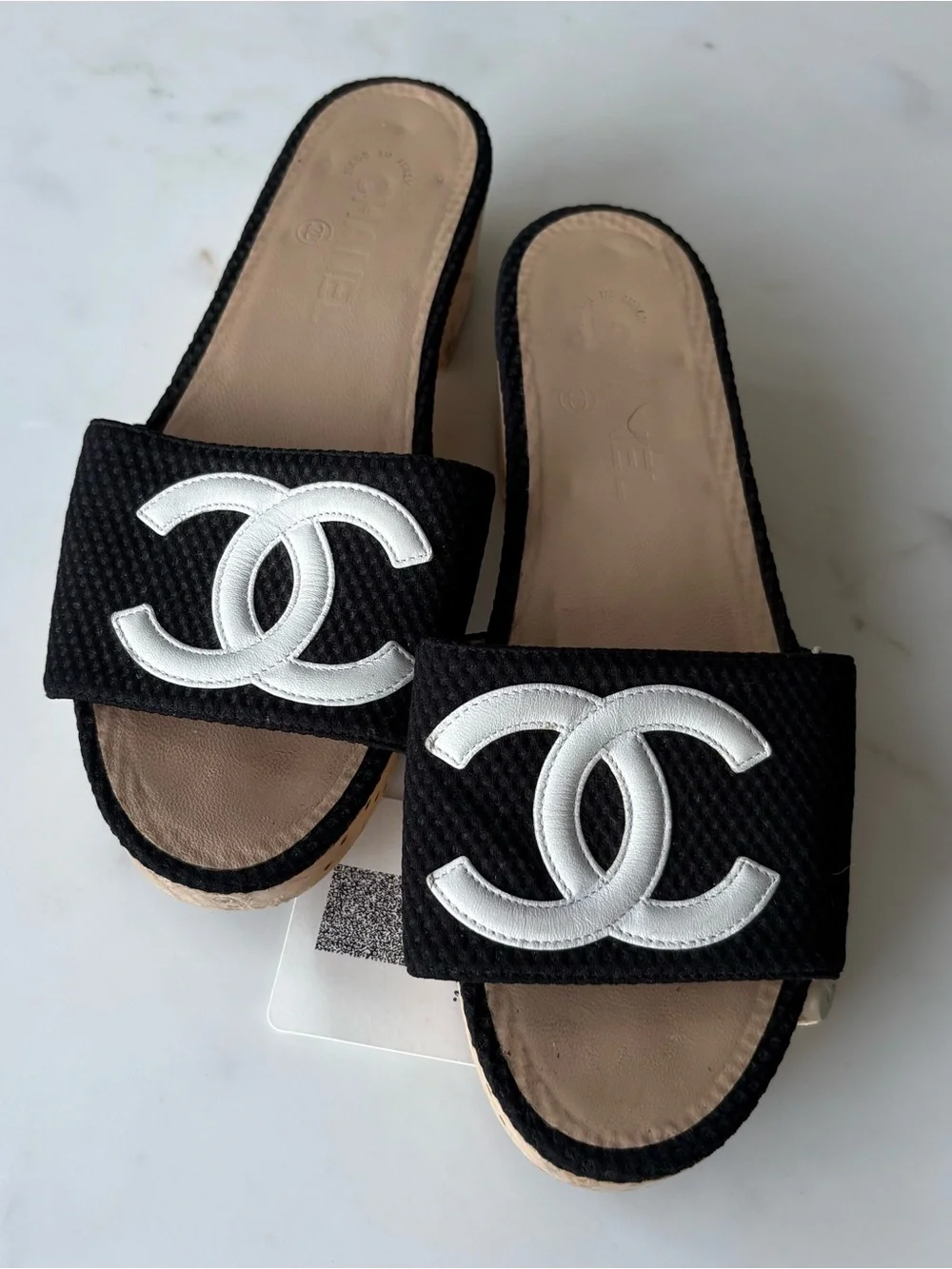 CHANEL Black and White Logo Slide Sandals Size 39.5